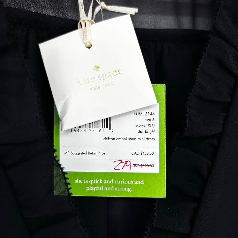 NWT Kate Spade Black Chiffon Embellished Mini Dress Size 6